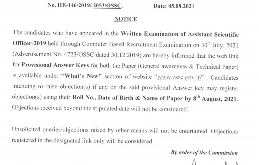 OSSC Assistant Scientific Officer Answer Key 2021