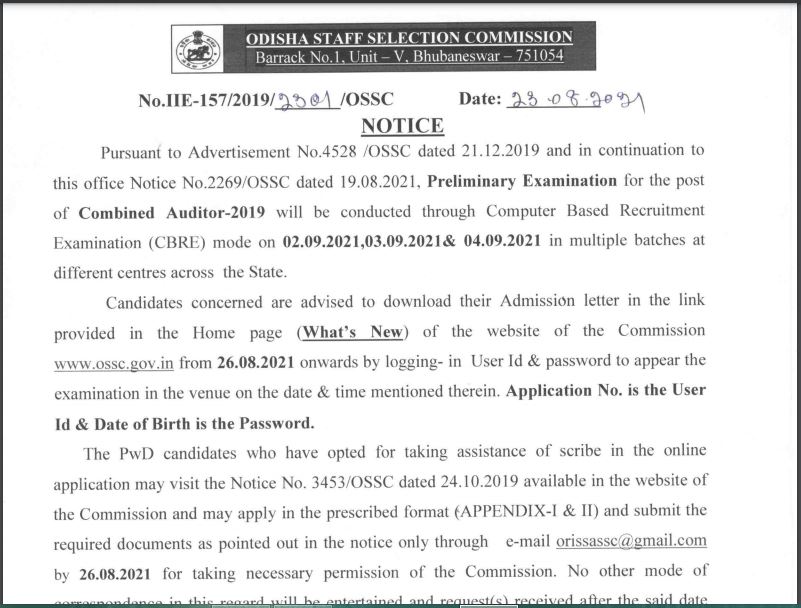 OSSC Combined Auditor Prelims Admit Card 2021