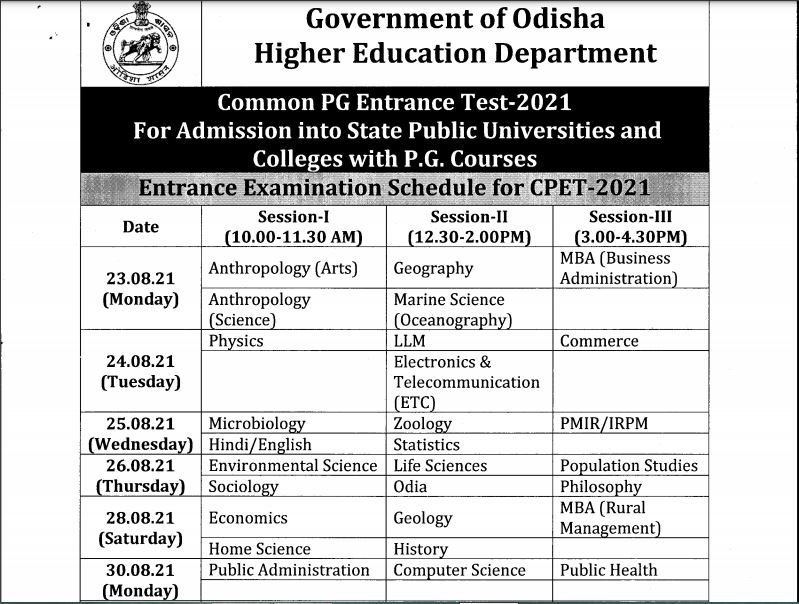 Odisha CPET Exam Date 2021