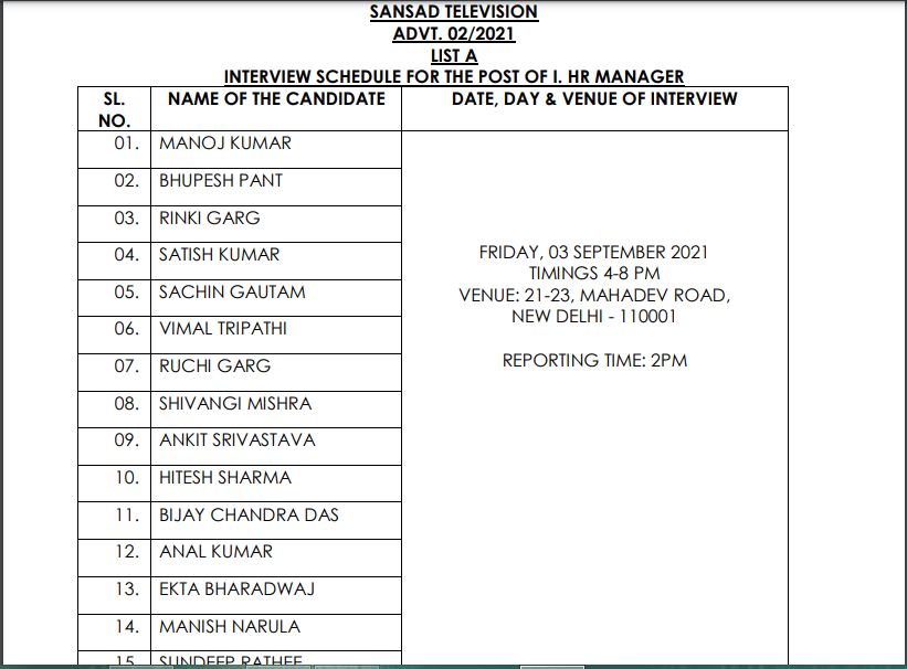 Parliament of India Interview Schedule 2021