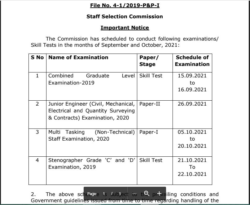 SSC Exam Calendar 2021