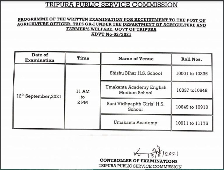 TPSC Agriculture Officer Exam Date 2021