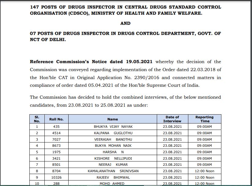 UPSC Drug Inspector Interview Date 2021