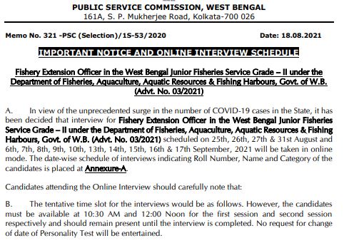 WBPSC FEO Interview Schedule 2021