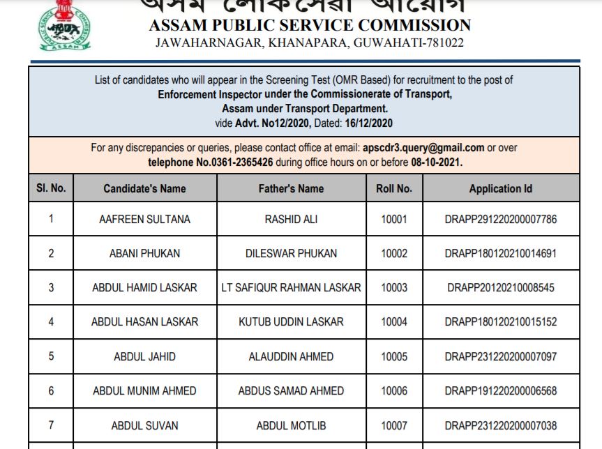 APSC Provisional List 2021