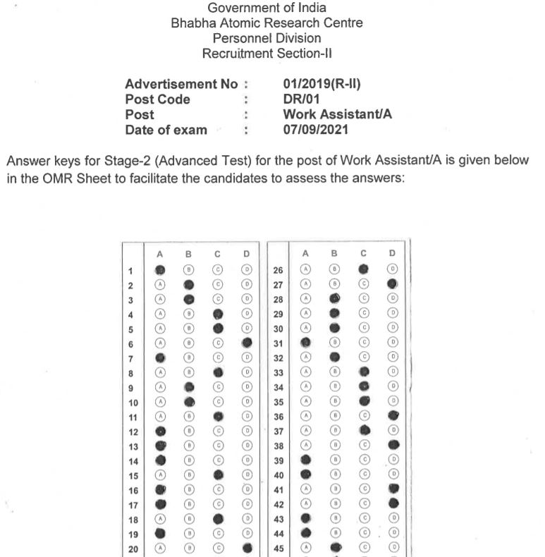 BARC Work Assistant Stage 2 Answer Key 2021