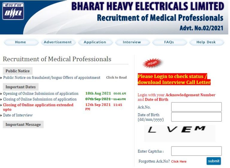BHEL Medical Professionals Interview Call Letter 2021