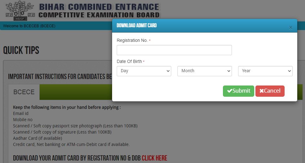 Bihar BCECE Admit Card 2021 Link