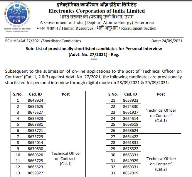 ECIL Technical Officer Interview Date 2021