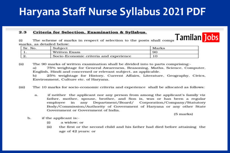 Haryana Staff Nurse Syllabus 2021 PDF