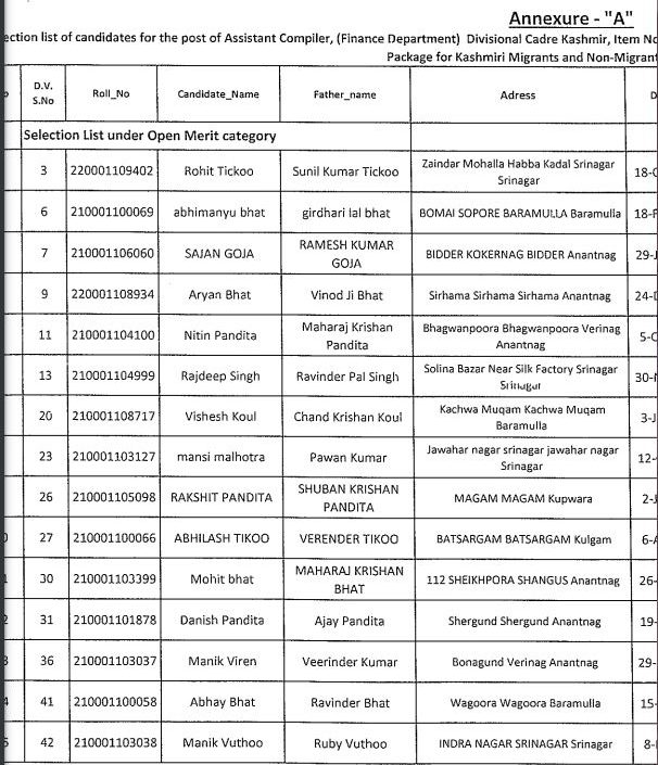 JKSSB Assistant Compiler Selection List 2021