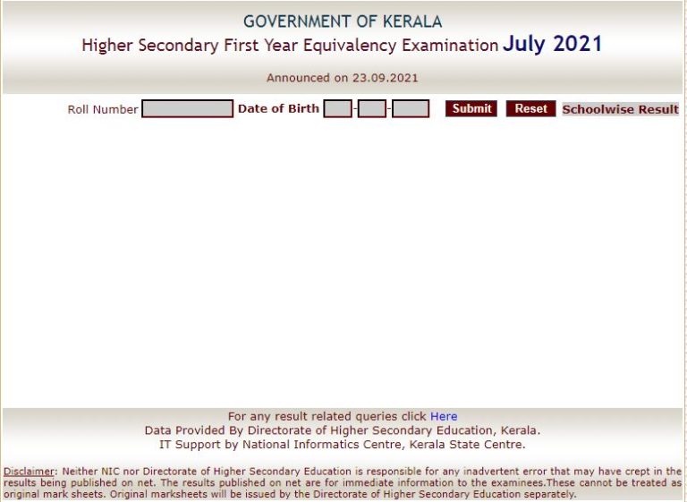 Kerala DHSE 1st Year Equivalency Result 2021