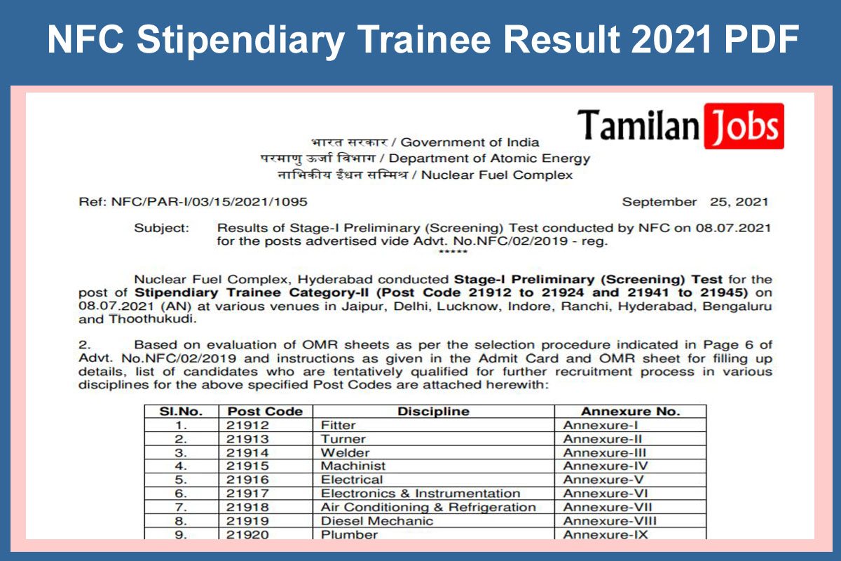 NFC Stipendiary Trainee Result 2021 PDF