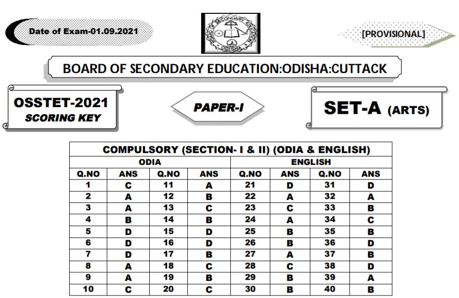 OSSTET Answer Key 2021