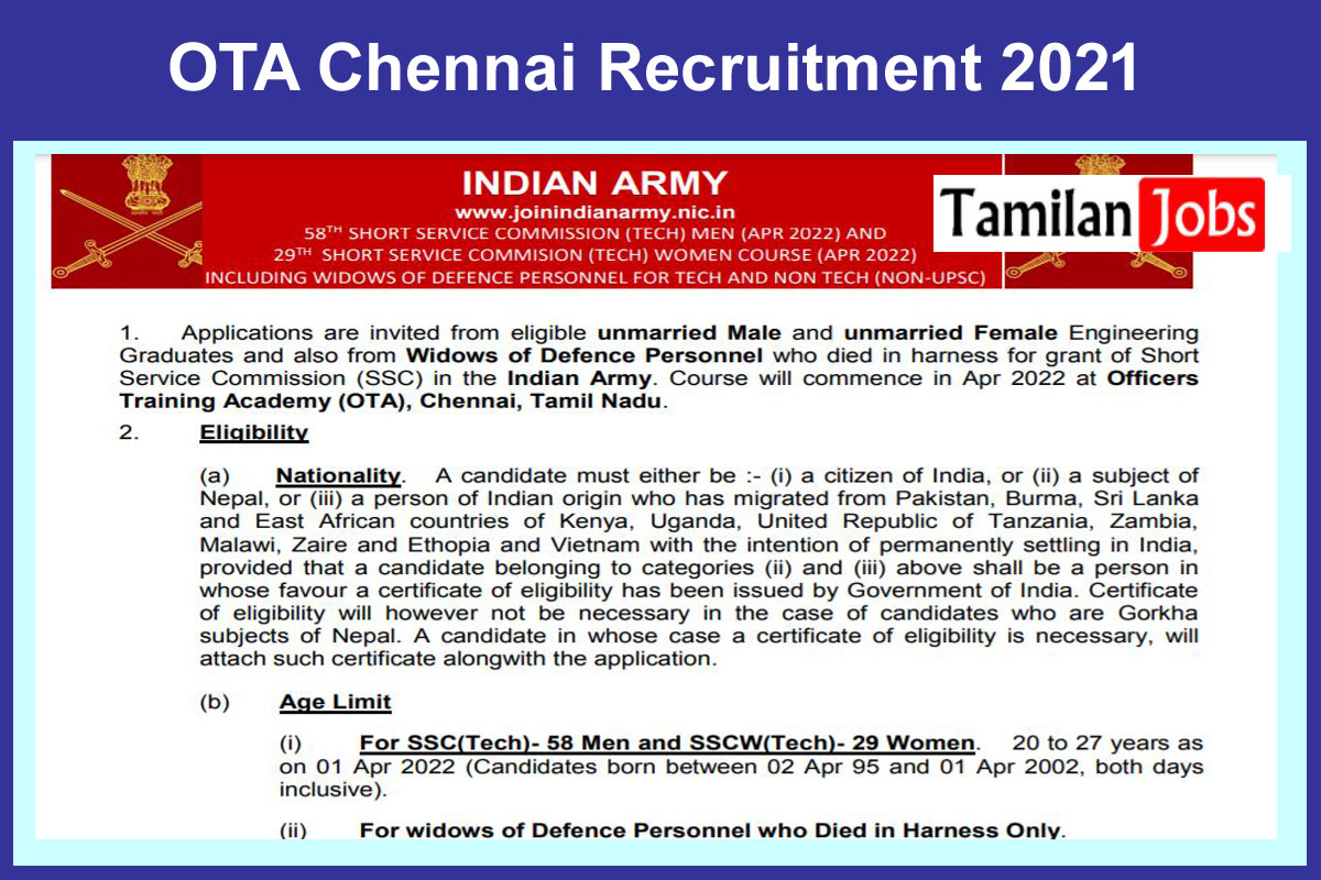 Ota Chennai Recruitment 2021