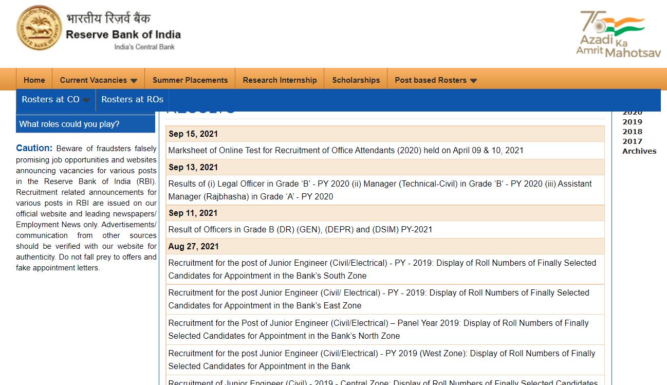 RBI Office Attendant Result 2021