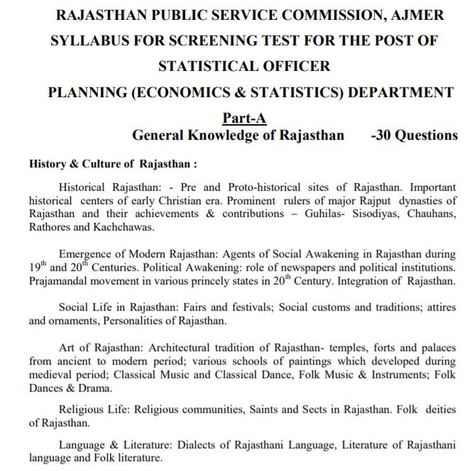 Rajasthan PSC Statistical Officer Syllabus 2021