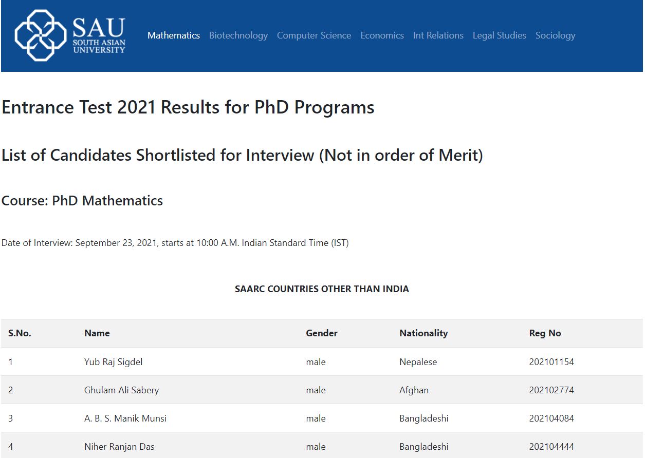 Sau Entrance Exam Result 2021