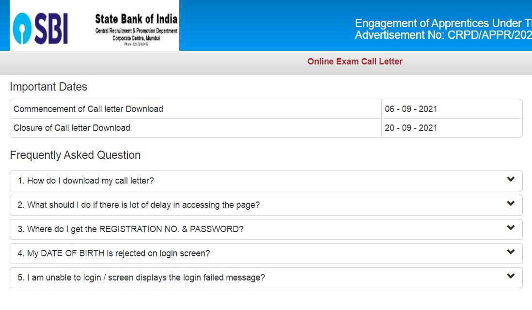 SBI Apprentice Admit Card 2021