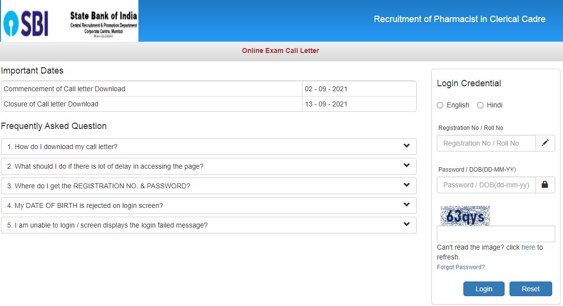 SBI Pharmacist Admit Card 2021