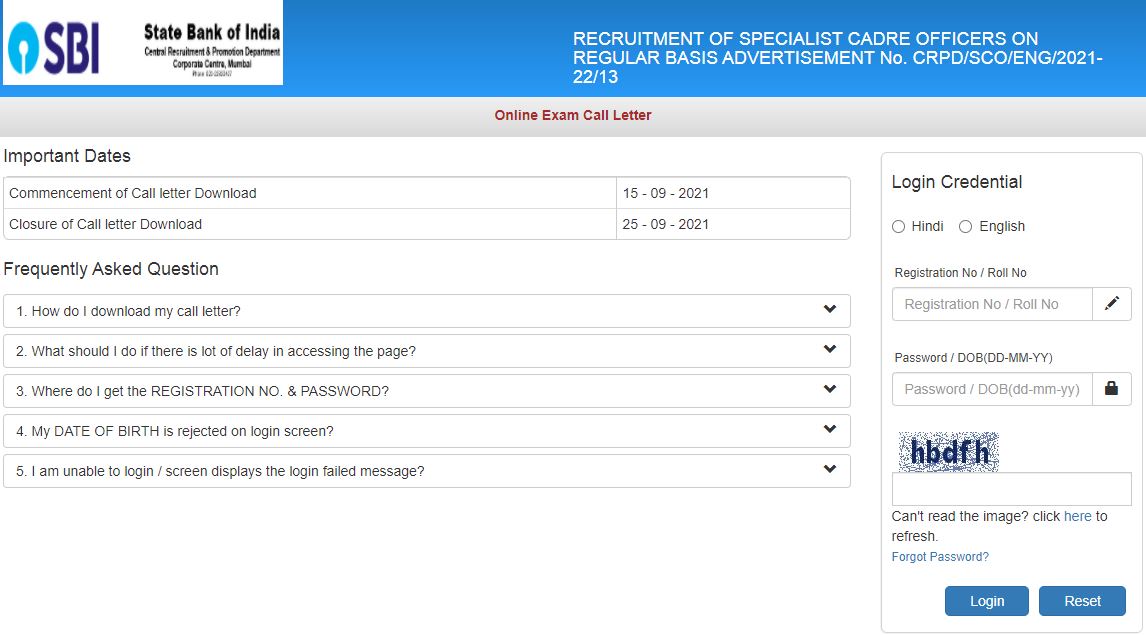 SBI SCO Admit Card 2021