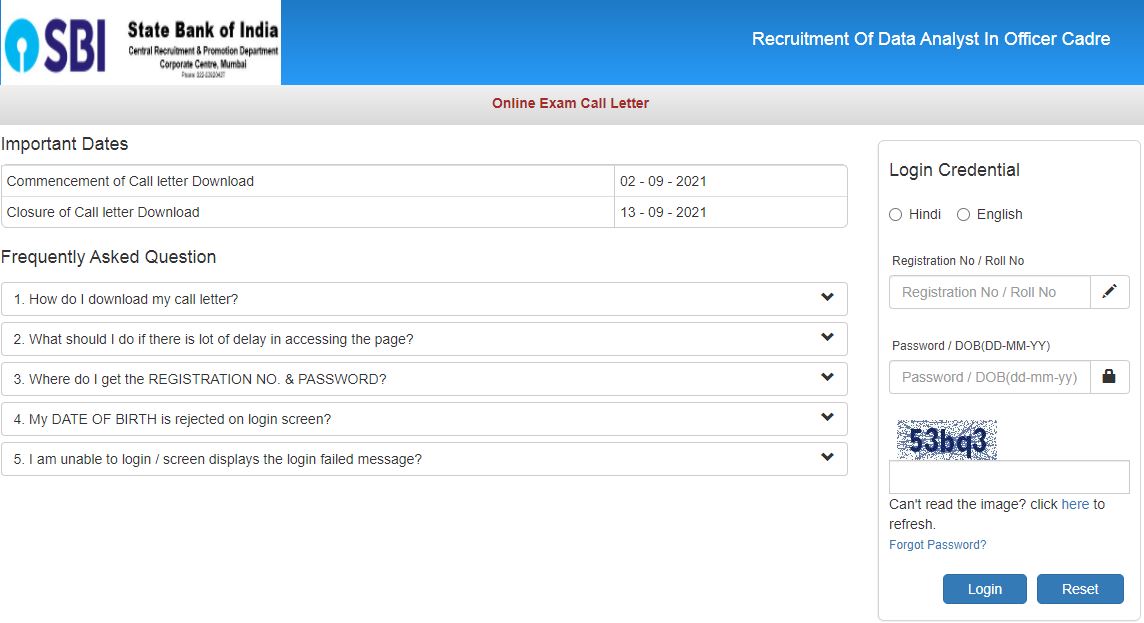 SBI SCO Admit Card 2021