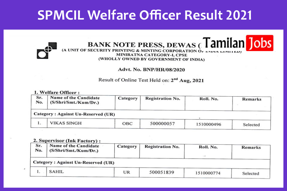 SPMCIL Welfare Officer Result 2021