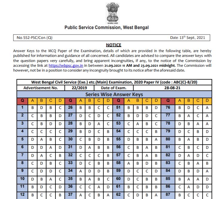 WB Civil Service Answer key