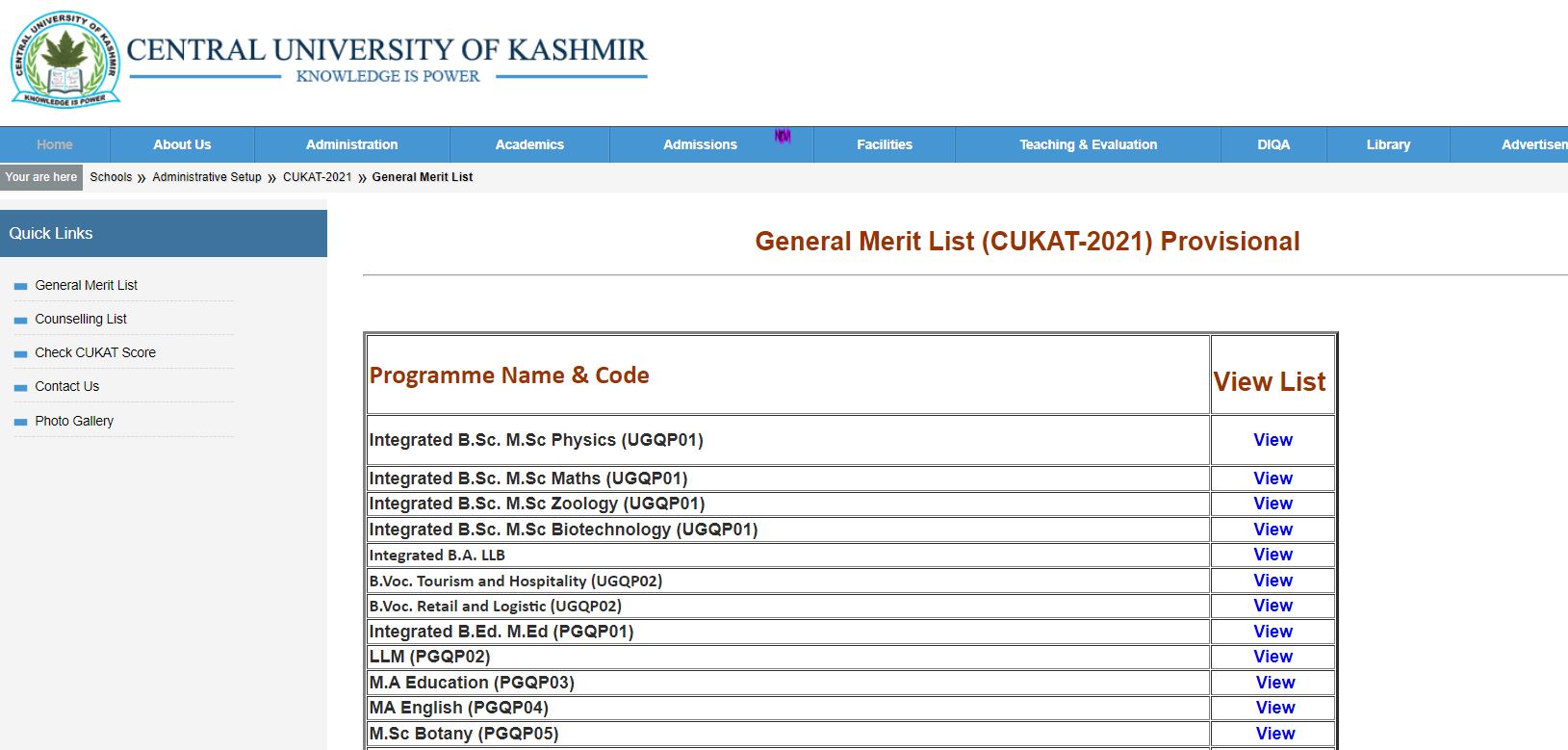 CUKAT Admission Test Result 2021