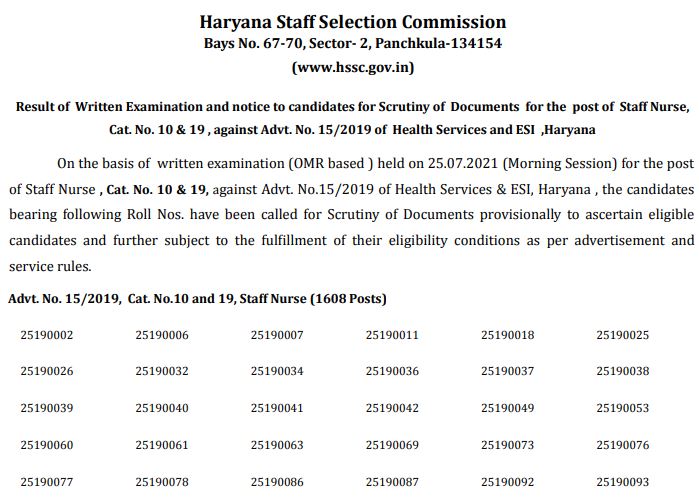 HSSC Staff Nurse Result 2021