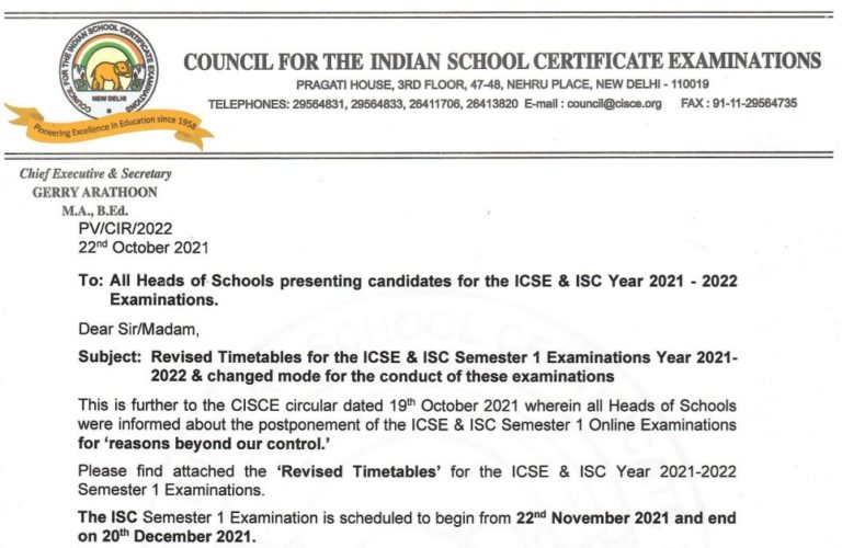 ICSE Revised Time Table 2021