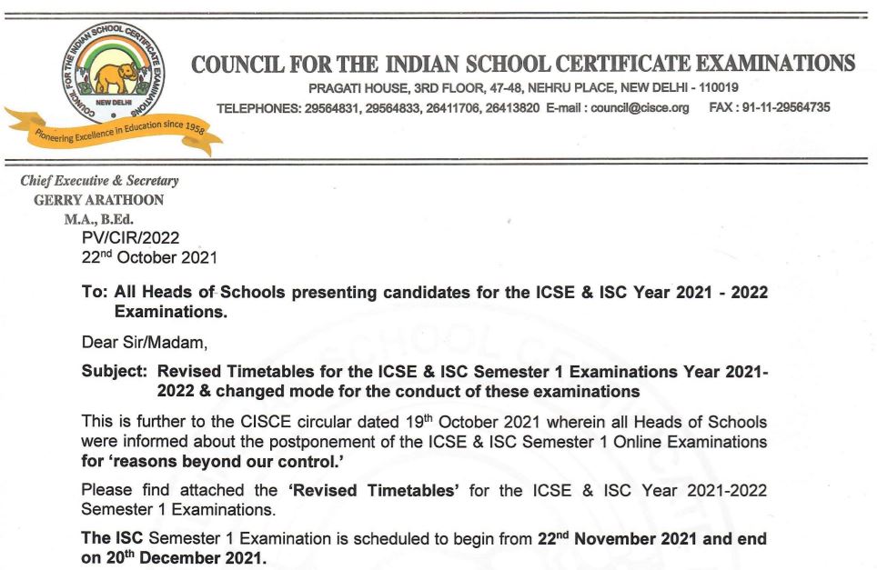 ICSE Revised Time Table 2021