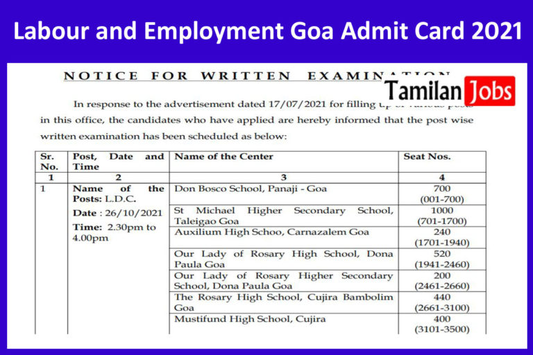 Labour and Employment Goa Admit Card 2021