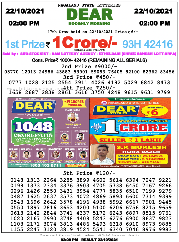 Lottery Sambad 22.10.2021 result on 2 PM