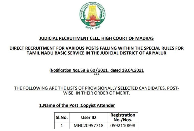 Madras High Court Selection List 2021