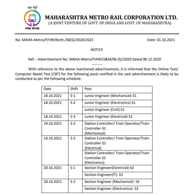 Maha Metro Hall Ticket 2021