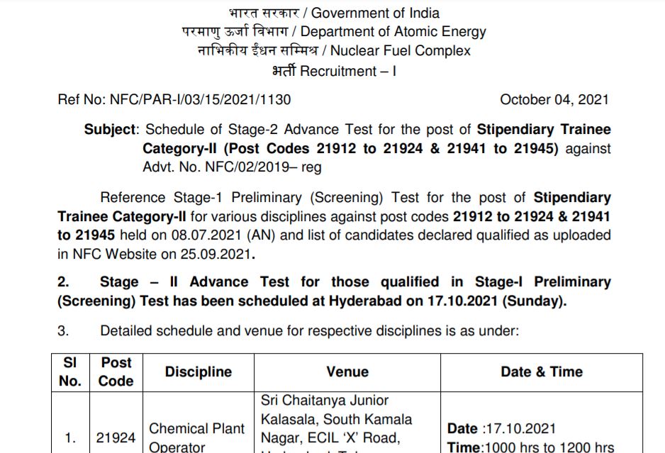 NFC Stipendiary Trainee Admit Card 2021