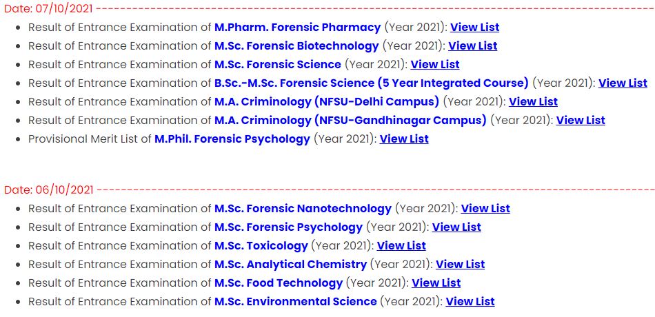 NFSU Entrance Exam Result 2021