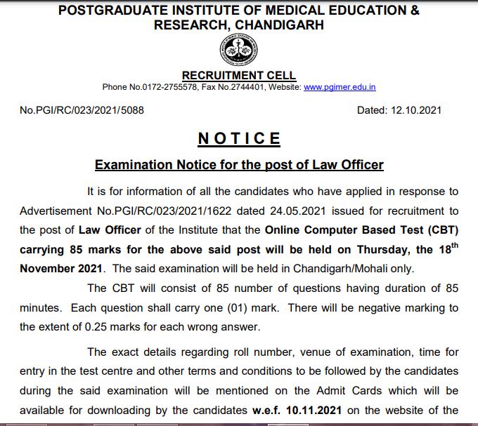 PGIMER CBT Schedule 2021 for Law Officer Post