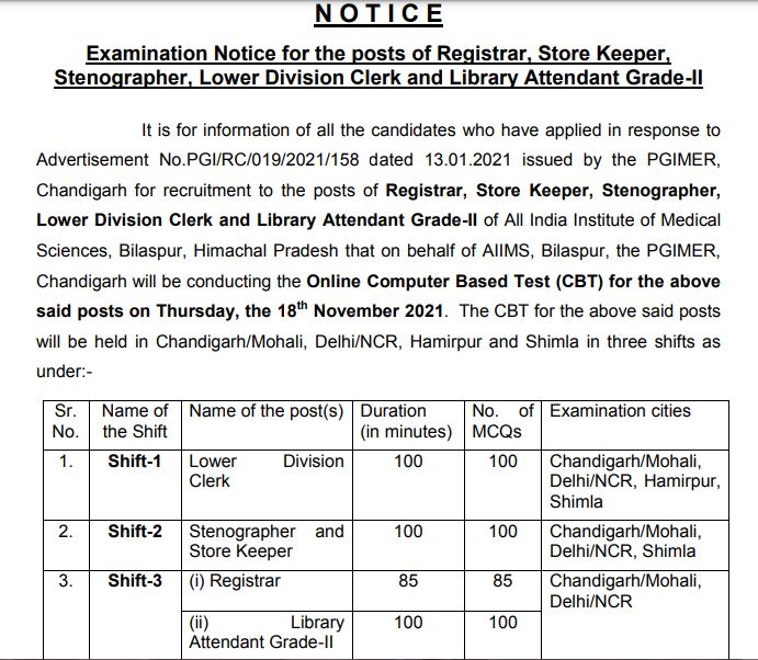 PGIMER Exam Schedule 2021 for LDC, Stenographer