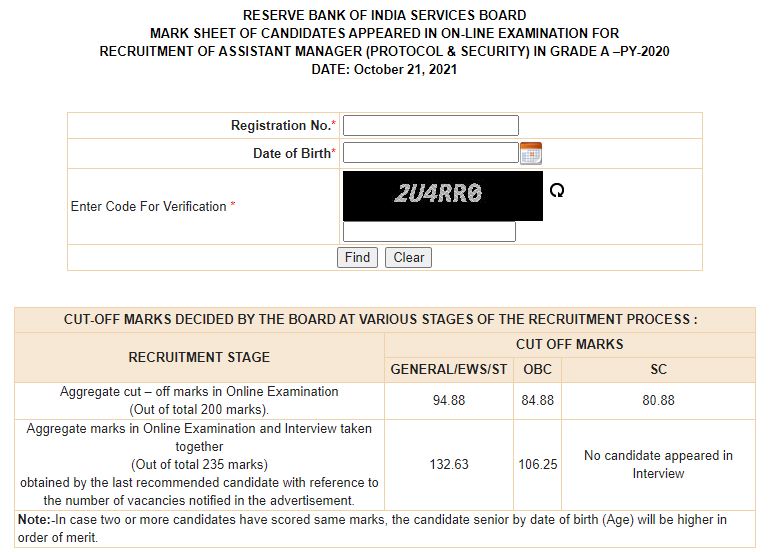 RBI Assistant Manager Marksheet 2021