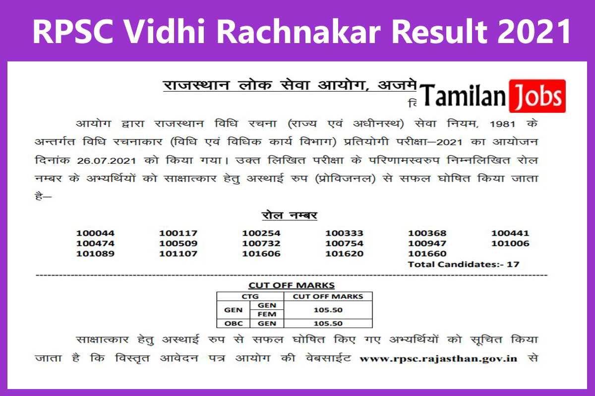 RPSC Vidhi Rachnakar Result 2021