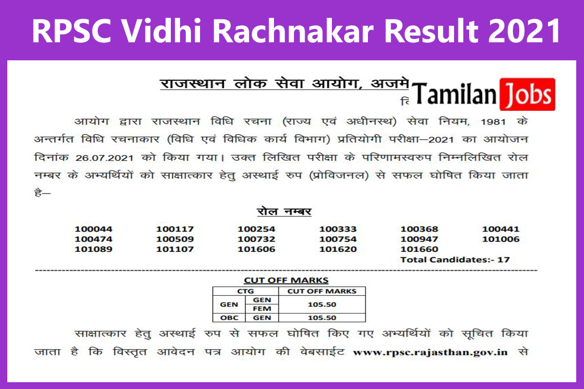 Rpsc Vidhi Rachnakar Result 2021