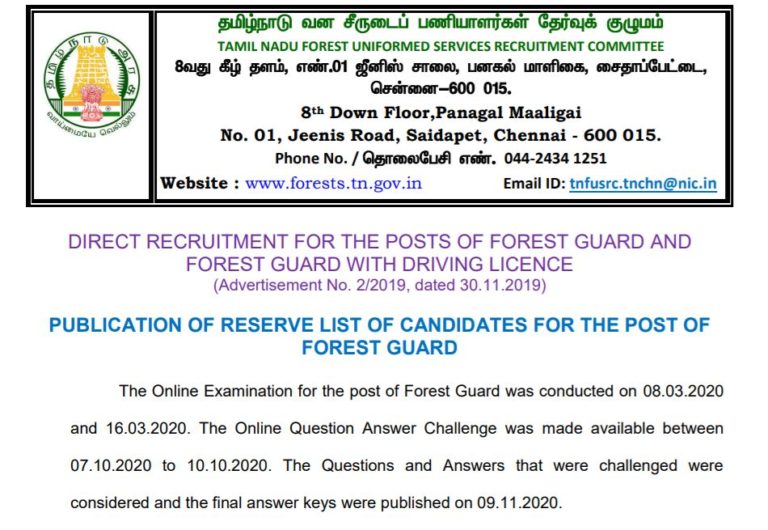 TNFUSRC Forest Guard Reserve List 2021