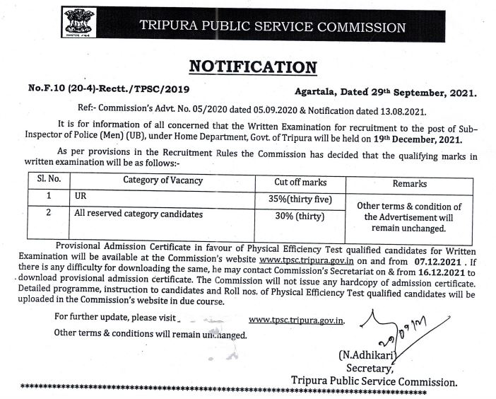 TPSC SI Exam Date 2021