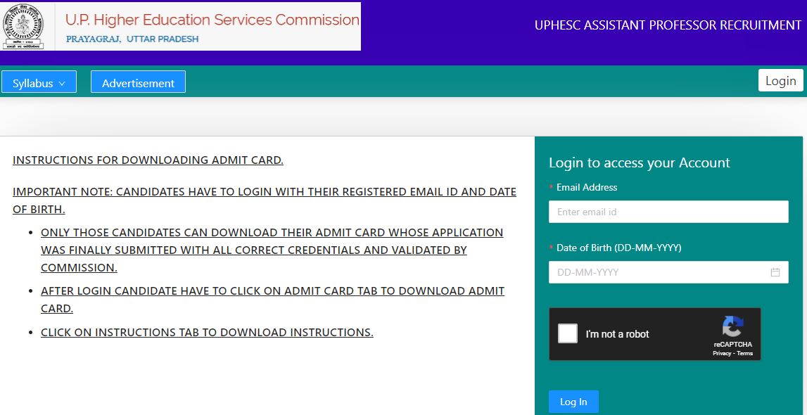 Uphesc Assistant Professor Admit Card 2021