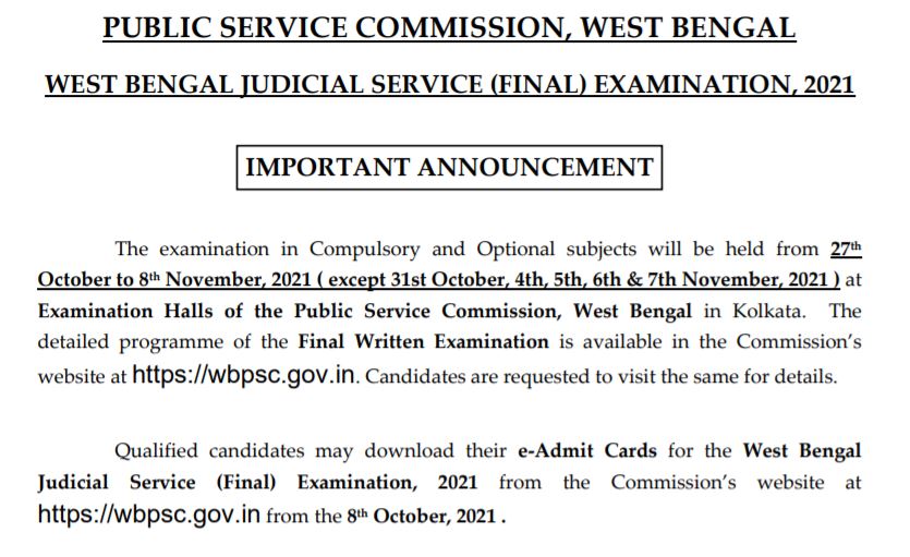 WBPSC WBJS Final Exam Admit Card 2021