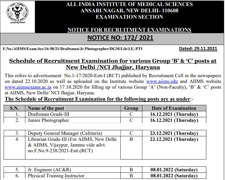 Aiims Group B C Exam Date 2021