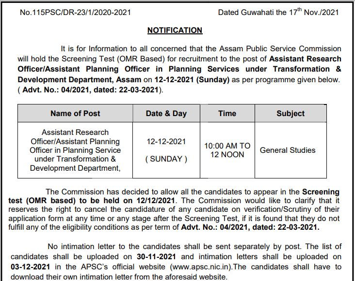 APSC ARO Screening Test Schedule 2021