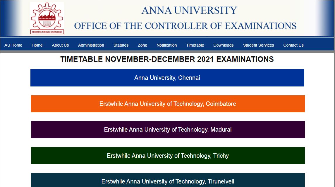 Anna University Exam Time Table 2021